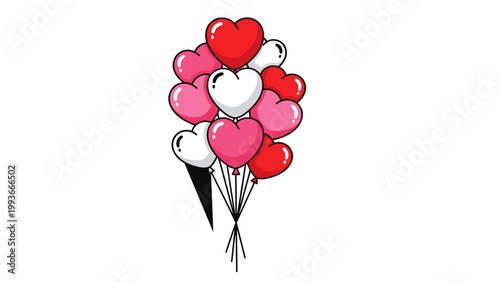 A vector graphic illustration of a bouquet of heart-shaped balloons in various colors