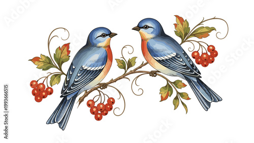 A colorful illustration of two blue birds perched on a branch with berries