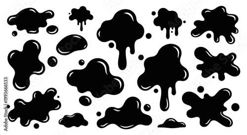 A set of black ink blots and splatters on a white background