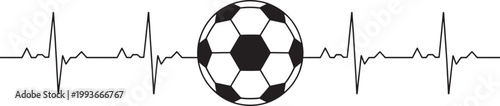 Soccer ball integrated into heart beat line graphic symbolizing love for sport.