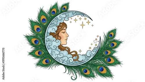 A whimsical illustration of a woman sitting on a crescent moon surrounded by peacock feathers