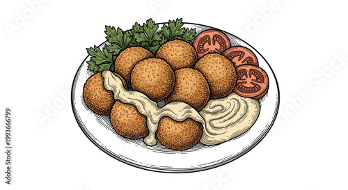 A plate of falafel with lettuce and sauce on a white background