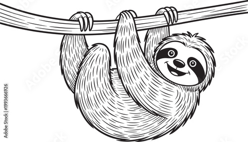 Sloth hanging from a tree branch with an expressive and cute smile black and white vector.