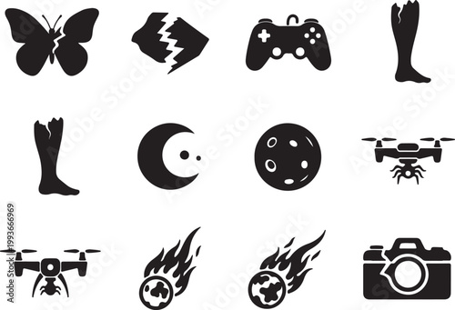 Black silhouette icon set, broken butterfly and damaged camera symbols, gaming controller and drone vector elements, meteor and moon graphics