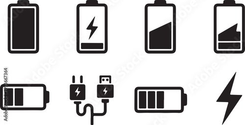 Minimalist battery status icon set, black power level indicators and charging symbols, 8 vector elements for mobile interface and web design