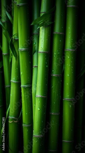 Fresh Green Bamboo Forest Stems with Water Droplets Close Up for Spa and Wellness Background