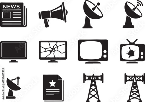 Mass media and broadcasting icons set, black communication symbols including satellite dish and news, television and radio transmission vector elements