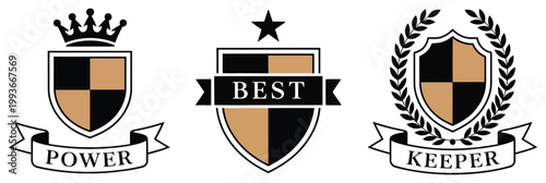 Three vintage crests with shield emblem designs representing power, best, and keeper award badges, featuring classic ornamental styles ideal for retro competition branding and achievement symbols.