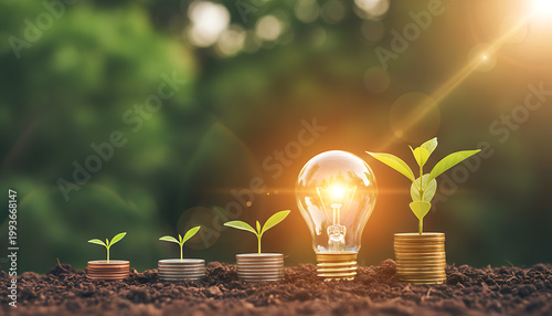Growing plants on coins with illuminated light bulb