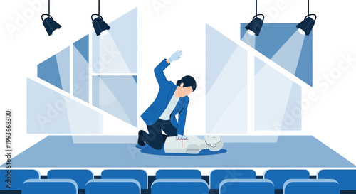 CPR Training on Stage: Man Performs Resuscitation on Manikin with Audience Seating