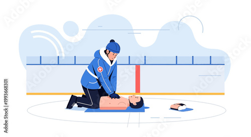 CPR Training on Ice Rink: Rescuer Performs Chest Compressions on Mannequin