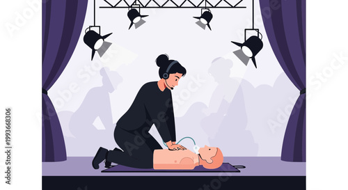 CPR Training on Stage: Rescuer Performs Chest Compressions on Mannequin