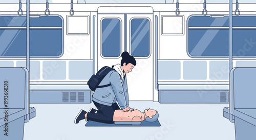 CPR training on subway: person performs chest compressions on dummy in train car
