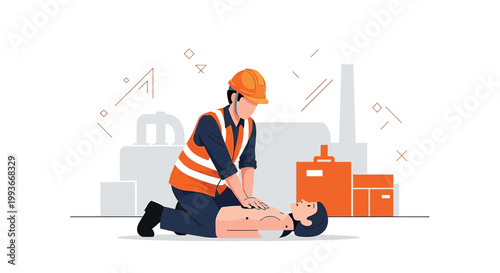Construction worker performing CPR on an unconscious colleague at an industrial site