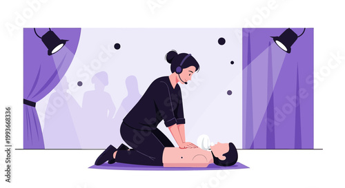CPR training on stage with spotlights, woman performing chest compressions