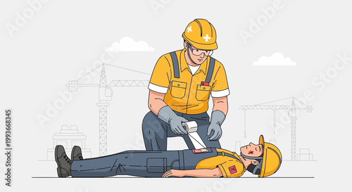 Construction worker performing CPR on injured colleague at building site