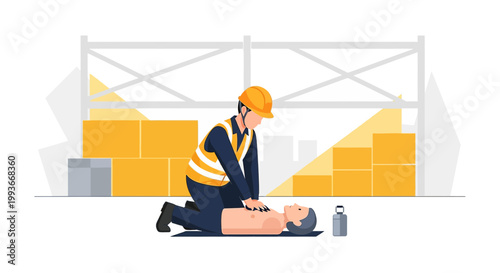 Construction worker performs CPR on a dummy in a warehouse setting