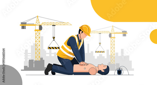 Construction worker performing CPR on injured colleague at building site with cranes
