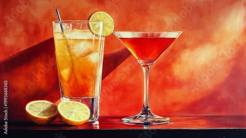 Oil Painting of Refreshing Summer Cocktails with Lemon Garnish on Warm Orange Background