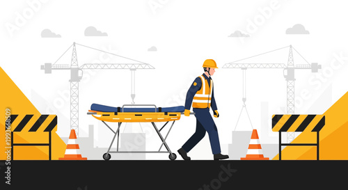 Construction worker with stretcher at building site, emergency response concept