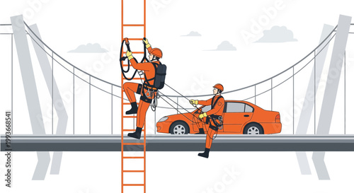 Construction workers in safety gear working on a bridge, car in background