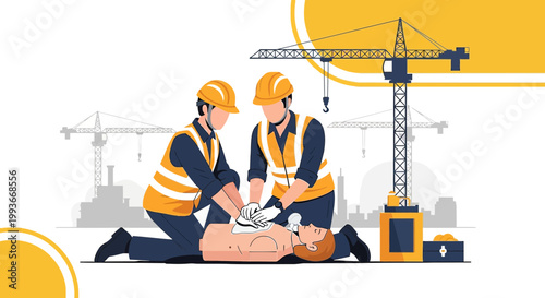 Construction Workers Perform CPR Training on Mannequin with Crane Background