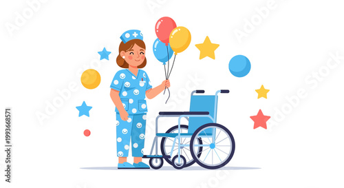Nurse with Wheelchair and Balloons, Celebrating Patient Recovery and Care