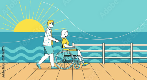 Couple enjoying a sunny day at the beach with one person in a wheelchair