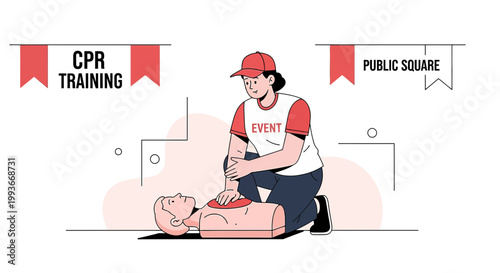 CPR Training Event in Public Square: Rescuer Practices on Manikin