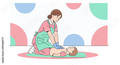 CPR training for babies: Nurse performs chest compressions on infant on mat