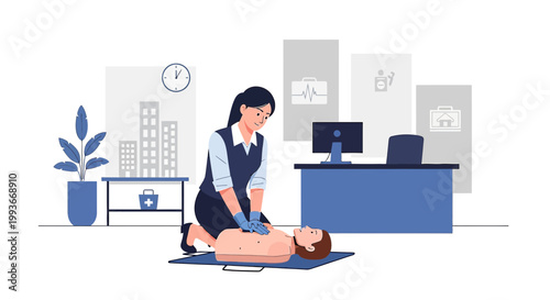 CPR training in office: woman performs chest compressions on dummy, medical emergency concept