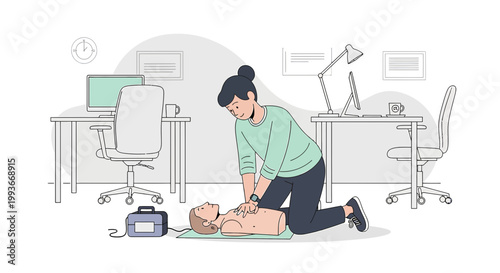 CPR training in office: woman performs chest compressions on dummy, AED nearby