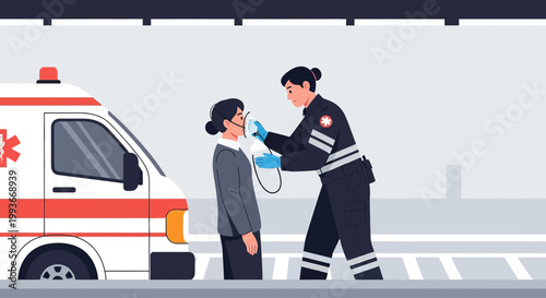Paramedic Administers Oxygen to Patient Near Ambulance, Emergency Medical Care