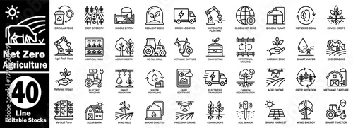 Sustainable agriculture line icon collection for net zero farming tech, including biogas systems, vertical farms, smart irrigation, and carbon sequestration tools.