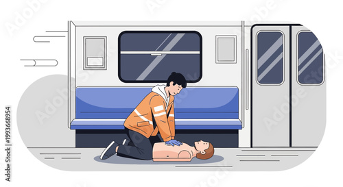 CPR Training in Subway: Rescuer Performs Chest Compressions on Victim