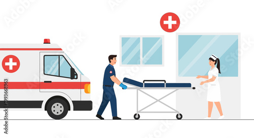 Paramedic and Nurse with Ambulance and Stretcher at Hospital Entrance