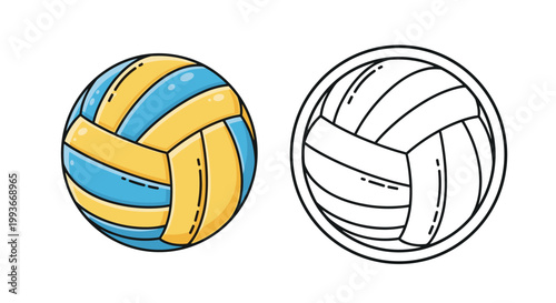 Set of two volleyball balls including a colored version with yellow and blue panels and a simple black and white line drawing.