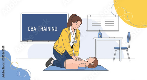 CPR Training: Instructor Demonstrates Chest Compressions on Manikin in Classroom