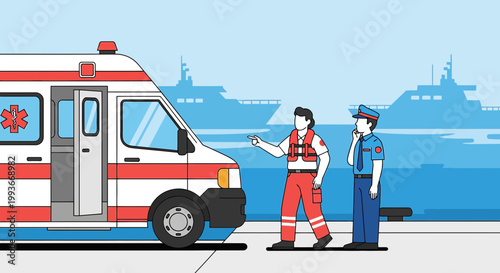 Paramedic and Police Officer at Port with Ambulance and Ships