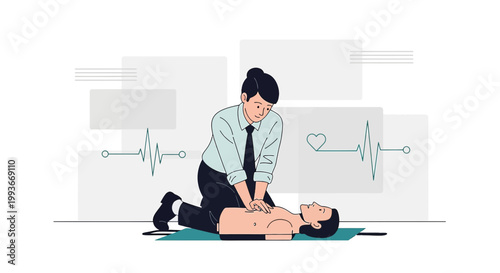 CPR training: Man performs chest compressions on dummy, medical emergency concept