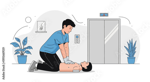 CPR training: man performs chest compressions on mannequin in modern hallway with elevator