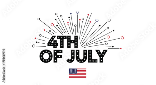 Celebration graphic for the fourth of july holiday featuring fireworks text with stars and a small american flag at the bottom.