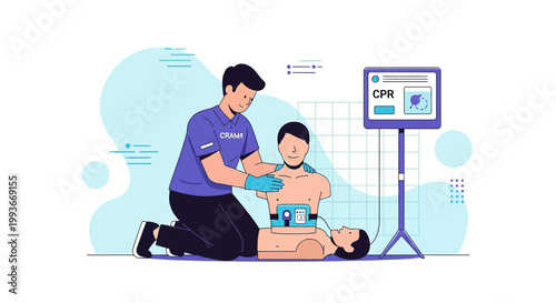 CPR Training: Man practicing cardiopulmonary resuscitation on a dummy with AED monitor