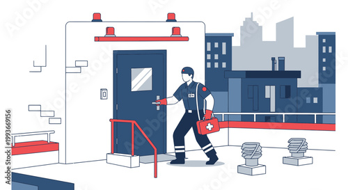 Paramedic Arriving at Building Entrance with Medical Bag, City Rooftop Scene