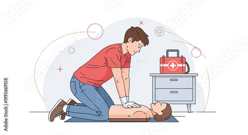 CPR training: man practicing chest compressions on a dummy with first aid kit