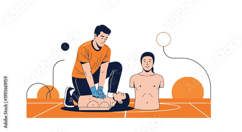 CPR Training: Man practicing chest compressions on a dummy, medical education concept