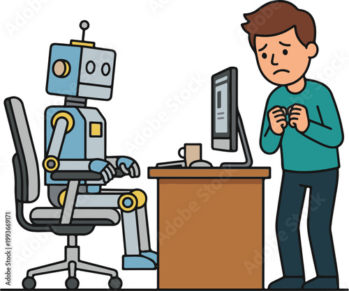A cartoon man looking worried next to a robot at a desk
