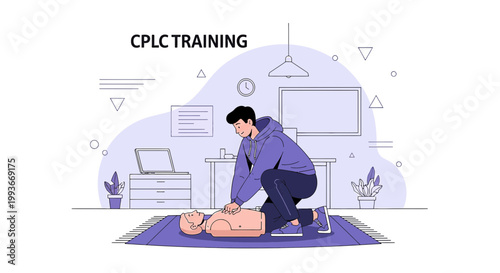 CPR Training: Man practicing chest compressions on dummy, medical education concept