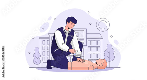 CPR Training: Man practicing chest compressions on dummy, medical education concept