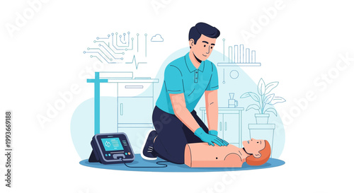 CPR Training: Man Practicing Resuscitation on Manikin with Defibrillator